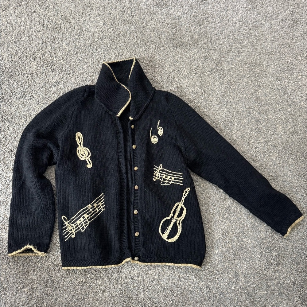 South wool music Note Cardigan Sweater with Cream Embroidery vintage